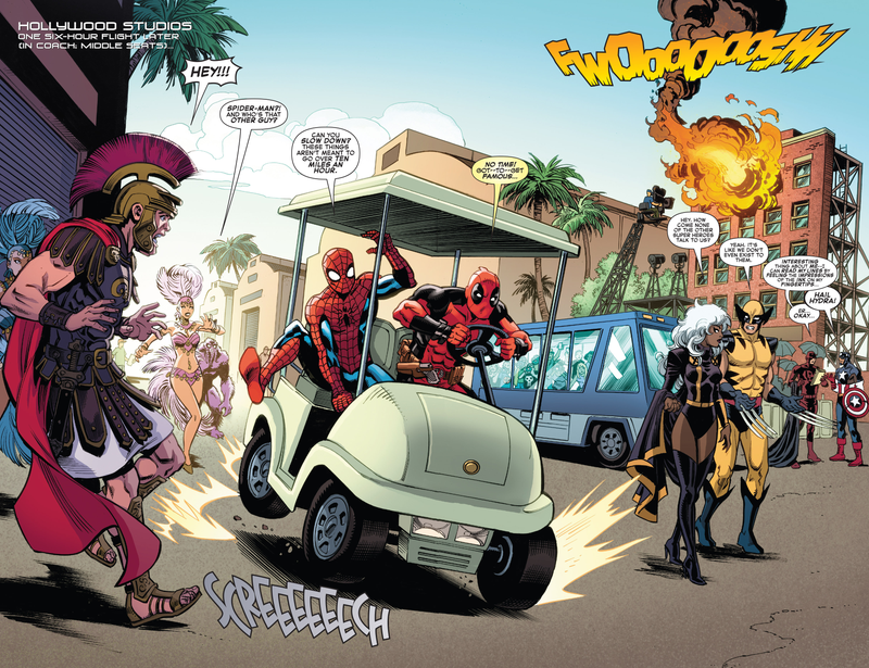 The X-Men joke in this splash page from Spider-Man/Deadpool #6 is pretty good.